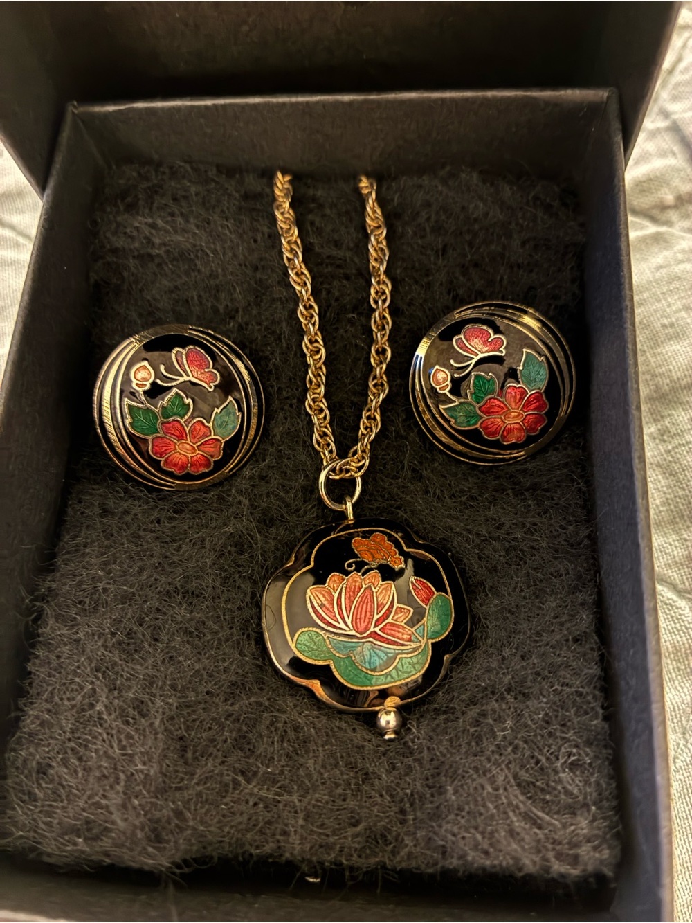 Vintage black Cloisonné enamel floral and butterfly pendant &earring set by Avon